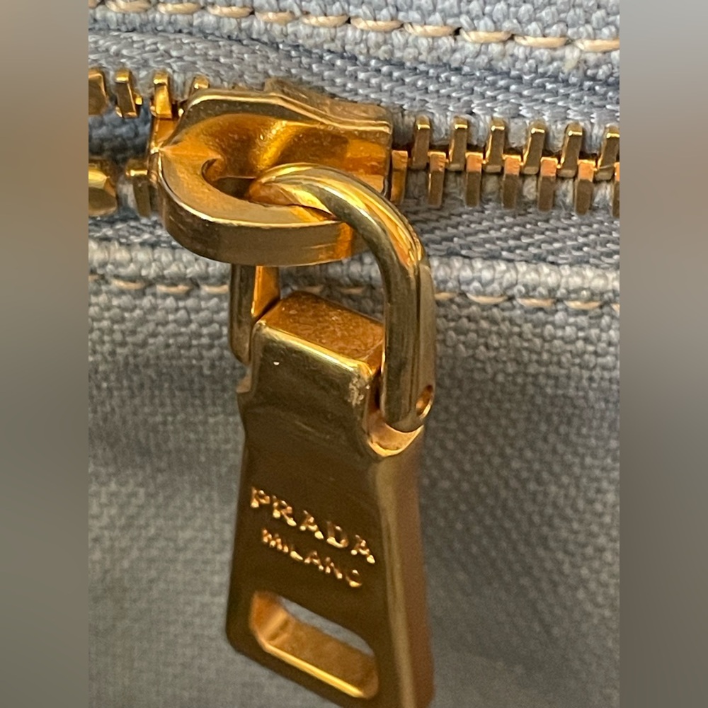 Prada Light Blue Denim Tote, Custom Embellished with 14 Vintage Brooches,16x9x10 - Picture 12 of 16